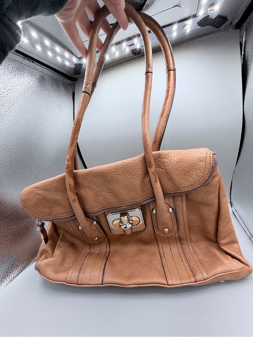 b. makowsky Tan Leather Shoulder Bag with Gold Turn-Lock